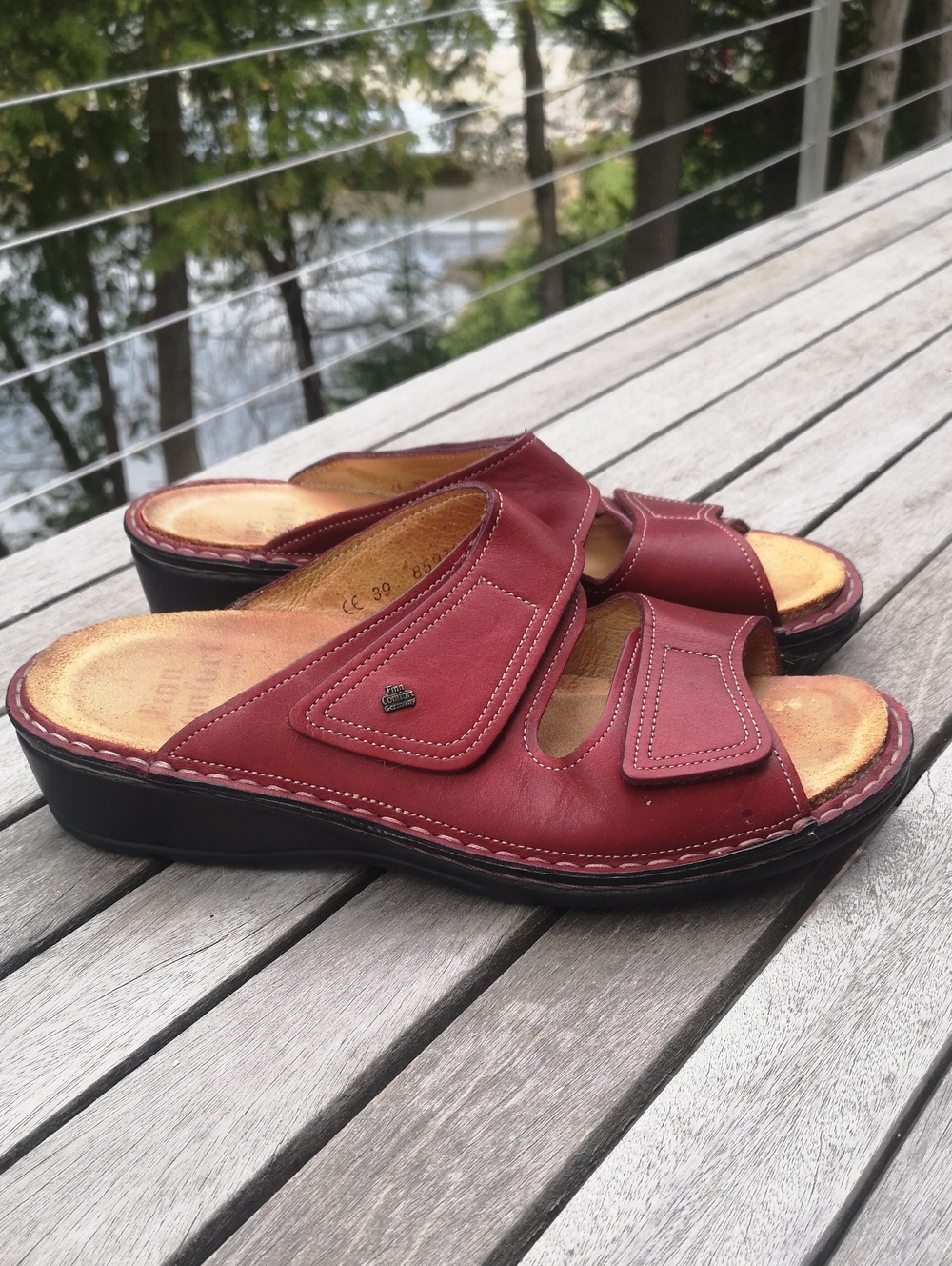 Finn Comfort red leather slip-on sandals